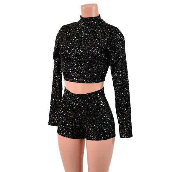 Star Noir High Waist Shorts and Long Sleeve Crop Top Set - Coquetry Clothing