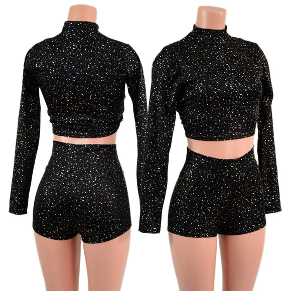Star Noir High Waist Shorts and Long Sleeve Crop Top Set - Coquetry Clothing