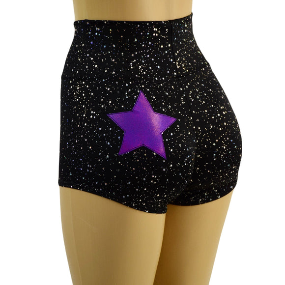 Star Noir High Waist Shorts with Grape Holo Star on Left Cheek - Coquetry Clothing