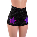 Star Noir High Waist Shorts with Grape Holo Stars on Front Thighs - Coquetry Clothing