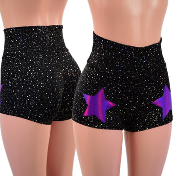 Star Noir High Waist Shorts with Grape Holo Stars on Front Thighs - Coquetry Clothing