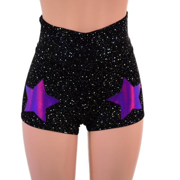 Star Noir High Waist Shorts with Grape Holo Stars on Front Thighs - Coquetry Clothing
