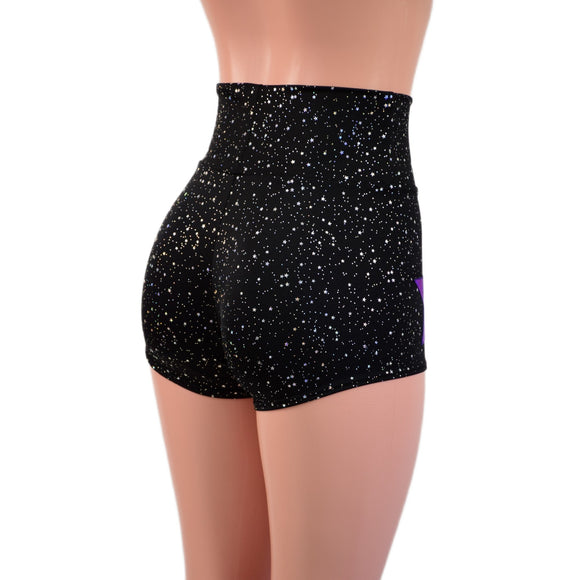 Star Noir High Waist Shorts with Grape Holo Stars on Front Thighs - Coquetry Clothing