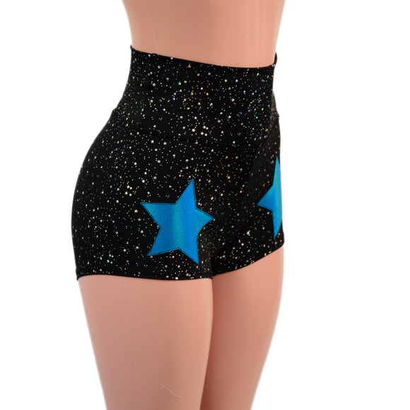 Star Noir High Waist Shorts with Peacock Holo Stars on Front Thighs - Coquetry Clothing