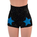 Star Noir High Waist Shorts with Peacock Holo Stars on Front Thighs - Coquetry Clothing
