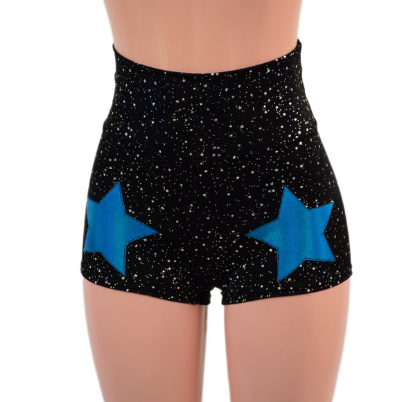 Star Noir High Waist Shorts with Peacock Holo Stars on Front Thighs - Coquetry Clothing