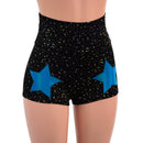 Star Noir High Waist Shorts with Peacock Holo Stars on Front Thighs - Coquetry Clothing