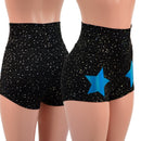 Star Noir High Waist Shorts with Peacock Holo Stars on Front Thighs - Coquetry Clothing