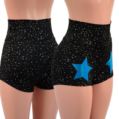 Star Noir High Waist Shorts with Peacock Holo Stars on Front Thighs - Coquetry Clothing