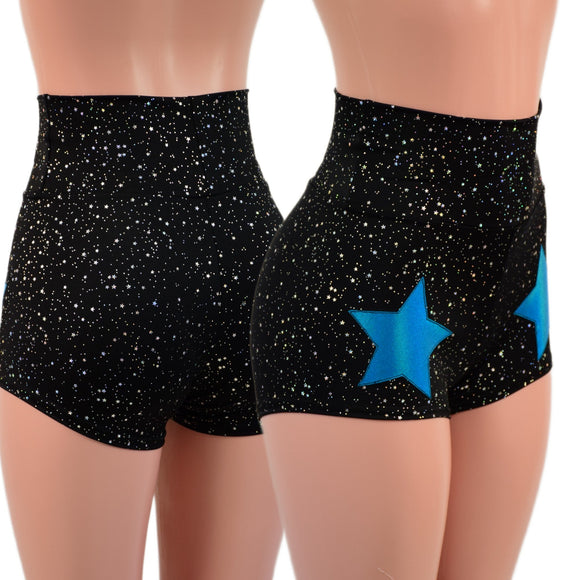 Star Noir High Waist Shorts with Peacock Holo Stars on Front Thighs - Coquetry Clothing