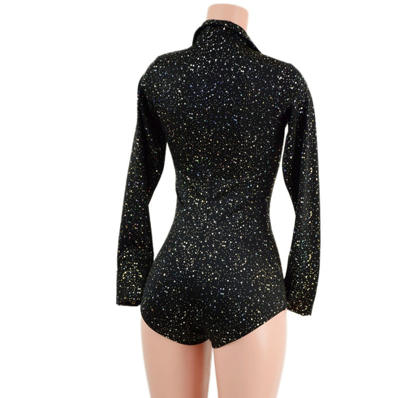 Star Noir Rodeo Romper with Snap Cuffs and Boy Cut Leg - Coquetry Clothing