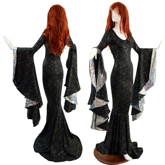 Star Noir Sorceress Sleeve Gown with Scoop Neck and Silver Kaleidoscope Sleeve Linings - Coquetry Clothing