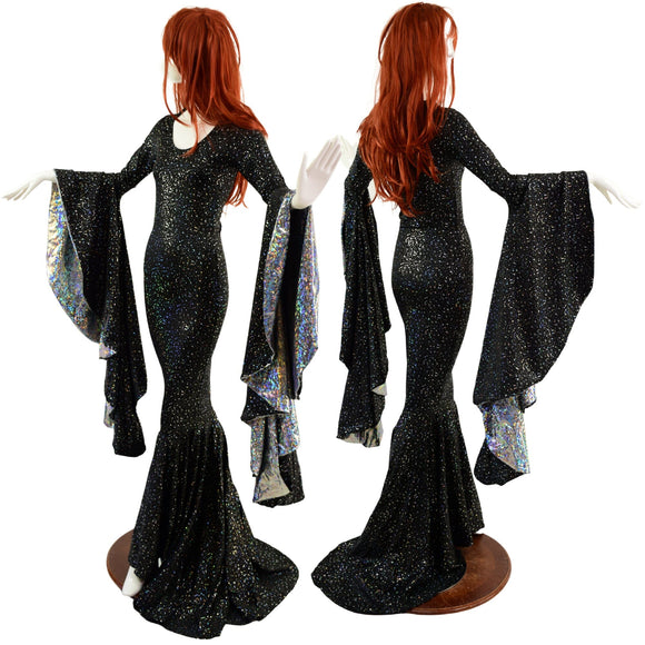 Star Noir Sorceress Sleeve Gown with Scoop Neck and Silver Kaleidoscope Sleeve Linings - Coquetry Clothing
