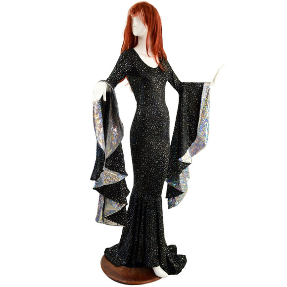 Star Noir Sorceress Sleeve Gown with Scoop Neck and Silver Kaleidoscope Sleeve Linings - Coquetry Clothing