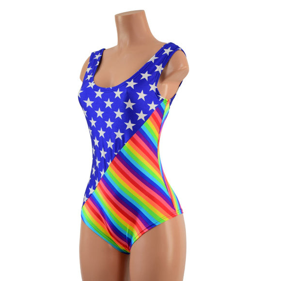 Stars and Rainbow Stripes Pride Romper with Siren Cut Leg - Coquetry Clothing