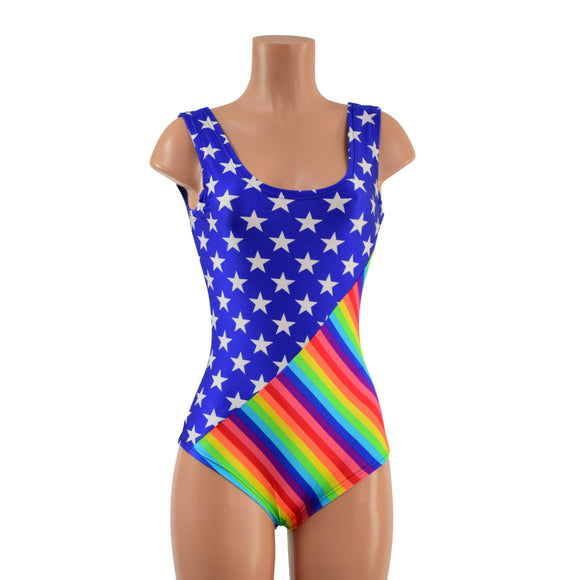 Stars and Rainbow Stripes Pride Romper with Siren Cut Leg - Coquetry Clothing