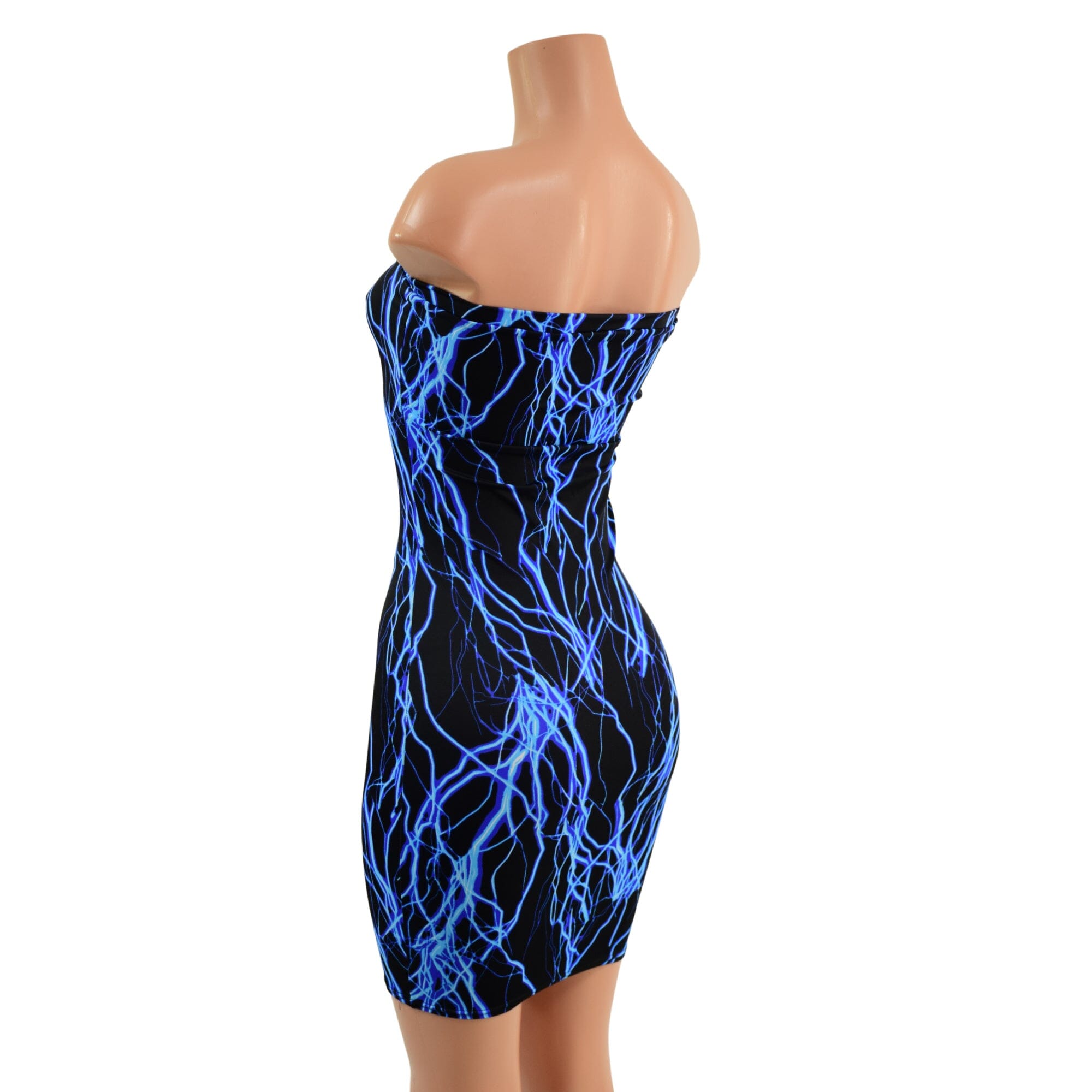 Strapless Neon UV Glow Blue Lightning Print Dress - Coquetry Clothing S