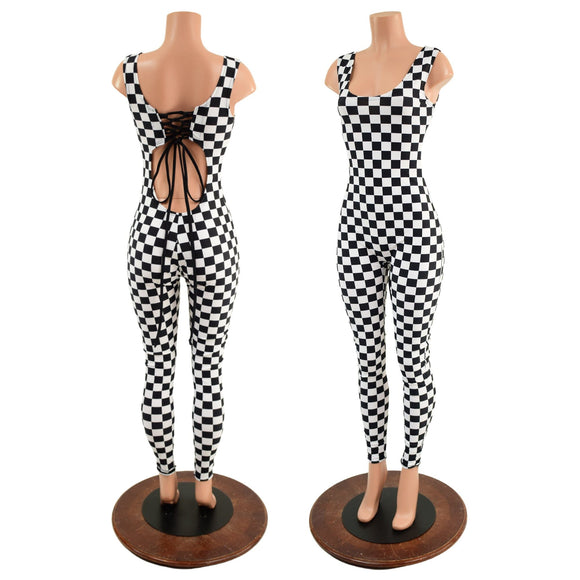 Strappy Back Tank Catsuit in Black and White Checkered - Coquetry Clothing