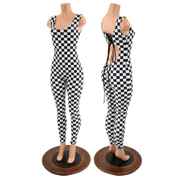 Strappy Back Tank Catsuit in Black and White Checkered - Coquetry Clothing