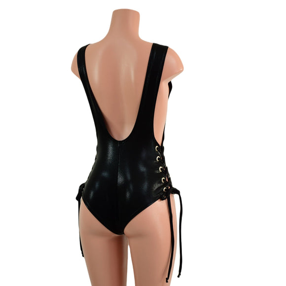 Suspender Overall Romper with Siren Cut Leg, and Hip Laceups - Coquetry Clothing