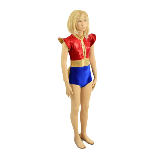 Kids Red, Blue and Gold Ruffle Rump Romper with Keyhole, and Contrast Waistband - Coquetry Clothing