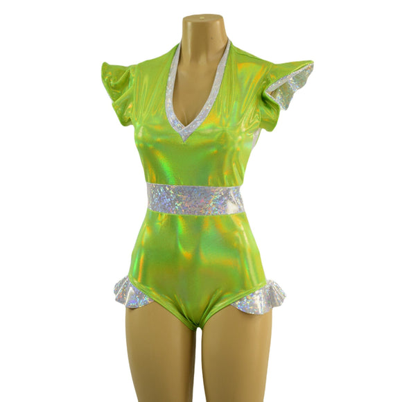Neon Lime and White Kaleidoscope Flip Sleeve Paneled Romper - Coquetry Clothing
