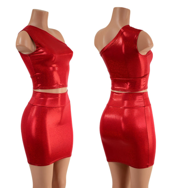 Red Sparkly One Shoulder Crop Top & Bodycon Skirt Set - 1