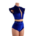 One Piece Sapphire Blue Velvet and Inset Mesh Keyhole Romper - 3