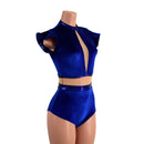 One Piece Sapphire Blue Velvet and Inset Mesh Keyhole Romper - Coquetry Clothing