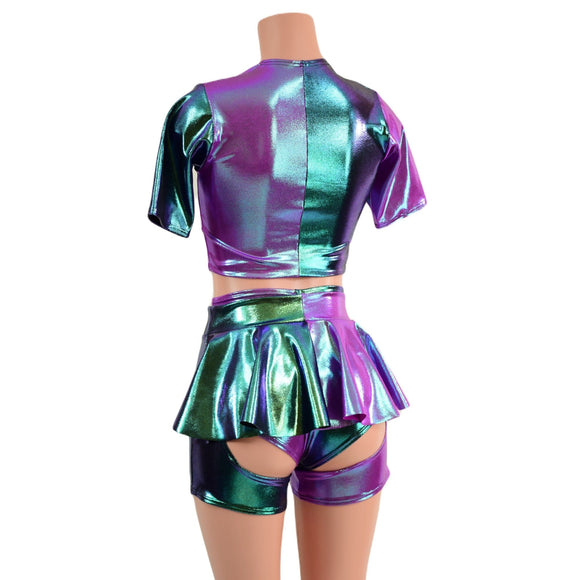 Harlequin Color Blocked Siren Shorts, Ruffle Rump Short Chaps, and Window Crop Set - Coquetry Clothing