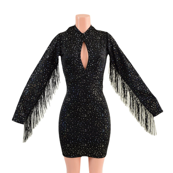 Star Noir Mini Dress with Fringed Sleeves, Keyhole, and Back Zipper - 3