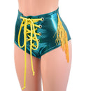 Teal Laceup Front Siren Shorts with Gold Fringe and Yellow Sparkly Jewel Ties - Coquetry Clothing