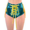 Teal Laceup Front Siren Shorts with Gold Fringe and Yellow Sparkly Jewel Ties - Coquetry Clothing