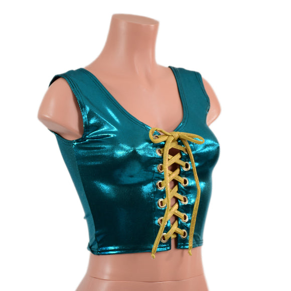 Teal Metallic Laceup Crop Tank - Coquetry Clothing