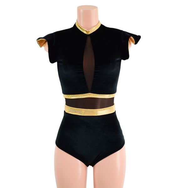 Black Velvet and Mesh Romper with Inset Mesh Keyhole Neckline - 3