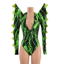 The Triple Threat Romper in Neon Green Lightning with Brazilian Cut Leg - Coquetry Clothing