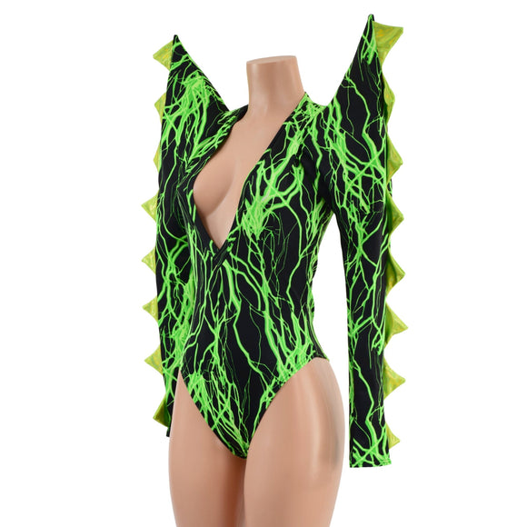 The Triple Threat Romper in Neon Green Lightning with Brazilian Cut Leg - Coquetry Clothing