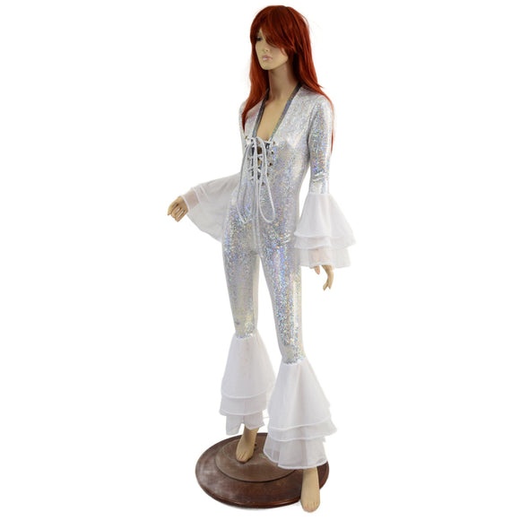 Triple Tier Bell Bottom Catsuit with Tiered Trumpet Sleeves - Coquetry Clothing