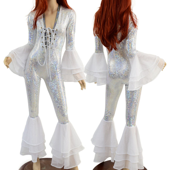 Triple Tier Bell Bottom Catsuit with Tiered Trumpet Sleeves - Coquetry Clothing