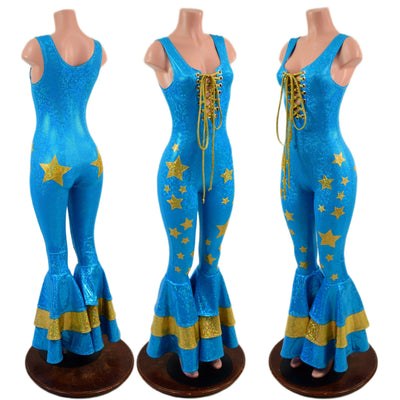 Triple Tiered Bell Bottom Catsuit with Applique Stars and Laceup Bodice - Coquetry Clothing