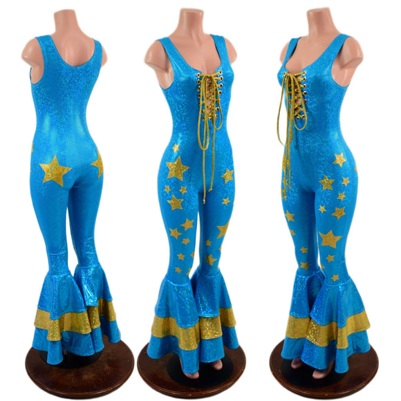 Triple Tiered Bell Bottom Catsuit with Applique Stars and Laceup Bodice - Coquetry Clothing