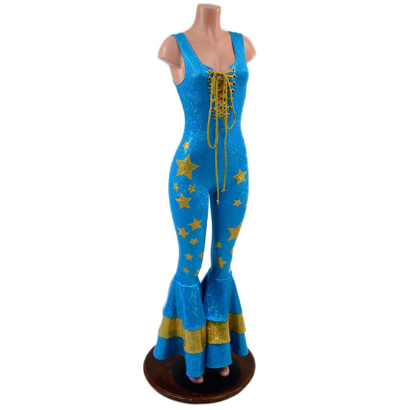 Triple Tiered Bell Bottom Catsuit with Applique Stars and Laceup Bodice - Coquetry Clothing