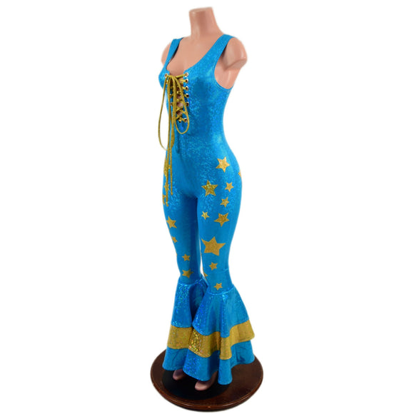 Triple Tiered Bell Bottom Catsuit with Applique Stars and Laceup Bodice - Coquetry Clothing