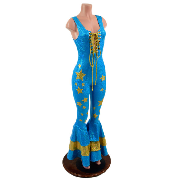 Triple Tiered Bell Bottom Catsuit with Applique Stars and Laceup Bodice - Coquetry Clothing