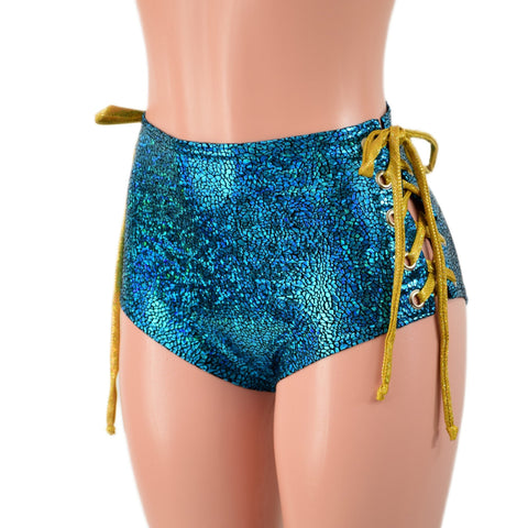 Turquoise and Gold Lace Up Siren Shorts - Coquetry Clothing
