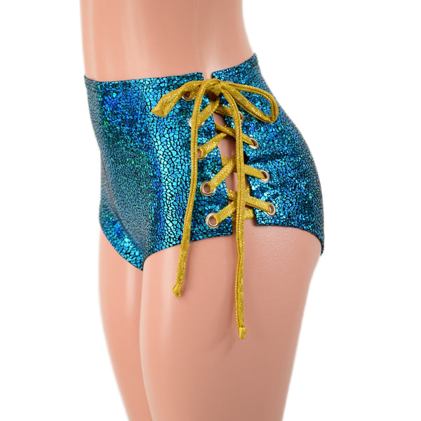 Turquoise and Gold Lace Up Siren Shorts - 4