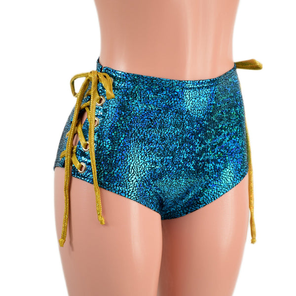 Turquoise and Gold Lace Up Siren Shorts - 6
