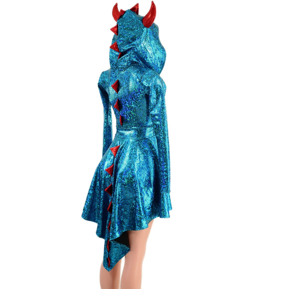 Turquoise Dragon Hoodie Skater Dress with Spikes and HORNS - Coquetry Clothing