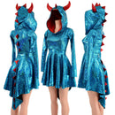 Turquoise Dragon Hoodie Skater Dress with Spikes and HORNS - Coquetry Clothing