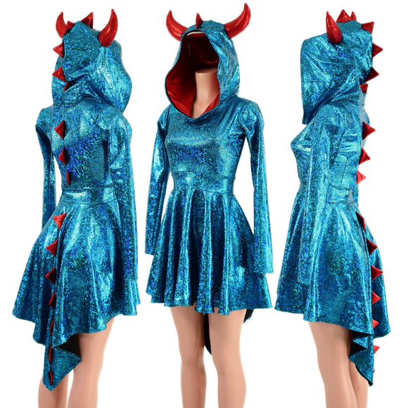 Turquoise Dragon Hoodie Skater Dress with Spikes and HORNS - Coquetry Clothing